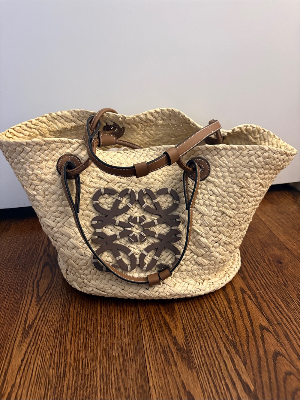 Anagram Loewe - style beach raffia straw tote bag